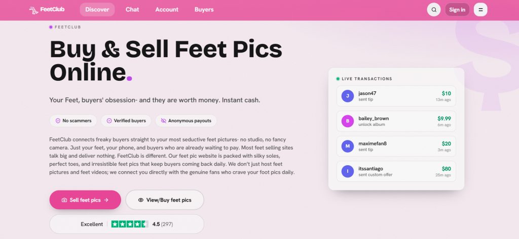 FeetClub homepage with earning claims, a live sales ticker, and its on-site rating badge