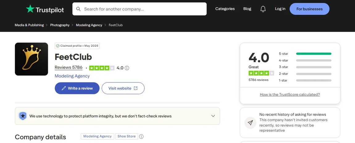 Trustpilot profile for FeetClub showing 4.0 from 5,786 reviews